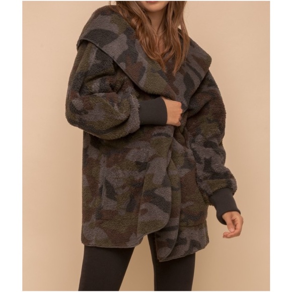 03 Cozy Camo Print Open Front Hoodie Jacket - Picture 5 of 6